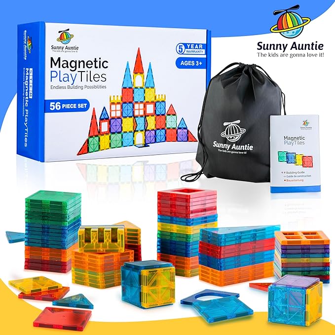 Magnetic Tiles 56 PCS, Magnetic Tiles for Kids & Toddlers Ages 3-8, Magnet Toy for 3 4 5 6 7 8 Year Old Boys Girls Kids & Toddlers, Magnet Blocks Building Set STEM Toy, Great Gift for Kids aged 3-8