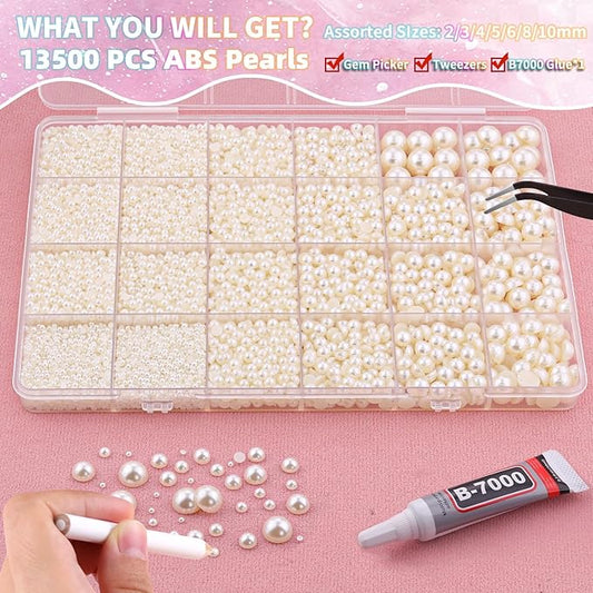 13500Pcs Flatback Pearls for Bedazzling (Beige) with B7000 Jewelry Glue, Assorted Size 2/3/4/5/6/8/10mm Half Pearl, Bedazzling Gems for Crafting Clothing Tumbler Shoes Embellishment Nail Art