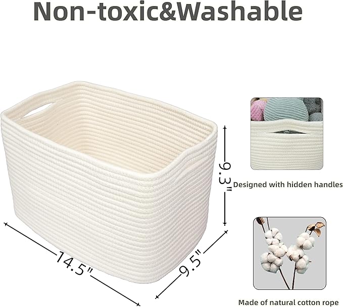 Cotton Rope storage Basket Bins Woven Basket for Organizing Shelves 14.5X9.5X9.3" Rectangle Decorative Baskets For storage Clothes Toys Books Towels Nursery basket organizer 3 pack white