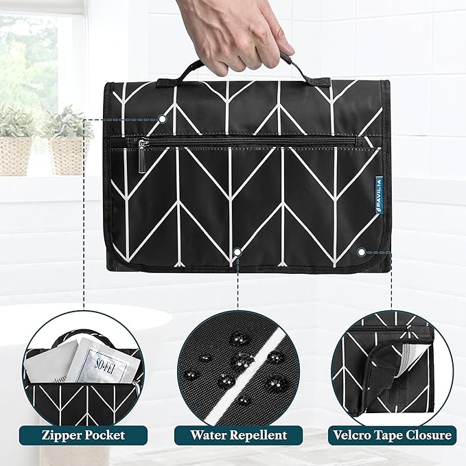 PAVILIA Hanging Toiletry Bag Women Men, Travel Kit Foldable Large Toiletries Organizer, Roll up Cosmetics Makeup Bag Accessories, Waterproof Essentials Jewelry Case (Black Chevron)