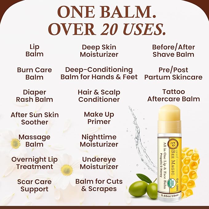 Organic Beeswax Lip Balm - Natural Chapstick for Dry Lips - Honey & Propolis Moisturizing Wand - Non Petroleum Lip Balm for Men & Women - Clean Lip Care for All Skin Types, Pack of 3