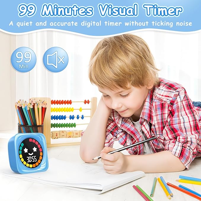 Visual Timer for Kids, 99 Minute Digital Cute Kids Visual Timer Classroom for Homeschool Supplies Study Teaching Time Management Tool Countdown & Stopwatch, Blue with Colorful Display