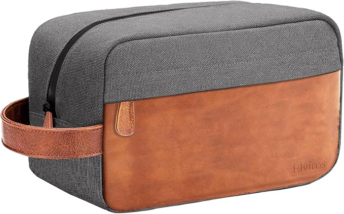 Elviros Travel Toiletry Bag for Men, Hanging Toiletries Bag Water Repellent Dopp Kit PU Leather Travel Bag for Toiletries Accessories, Grey