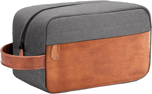 Elviros Travel Toiletry Bag for Men, Hanging Toiletries Bag Water Repellent Dopp Kit PU Leather Travel Bag for Toiletries Accessories, Grey
