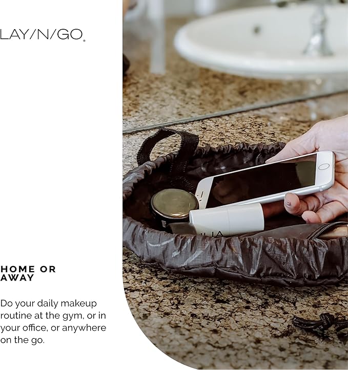 Lay-n-Go Cosmo Layflat Drawstring Cosmetic & Makeup Bag Organizer - Portable Drawstring Makeup Bag w/Zipper Pocket & More - Durable, Machine Washable Toiletry Bag for Travel (16", Crossmark)