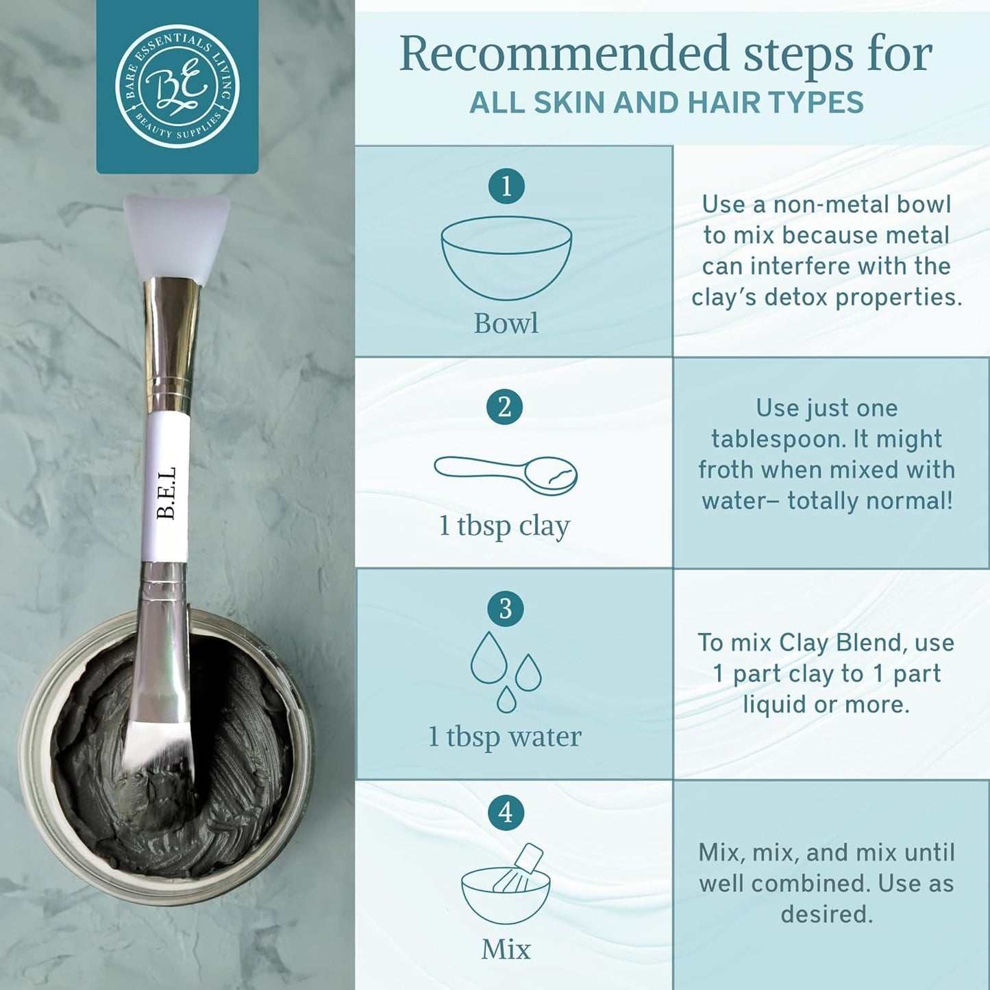 Bare Essentials Living - Bentonite Clay Powder and Activated Charcoal Powder Blend (8oz) Great for Charcoal Face Mask, Facial, Hair Mud Mask, DIY Bentonite Clay Toothpaste, & Charcoal for Soap Making