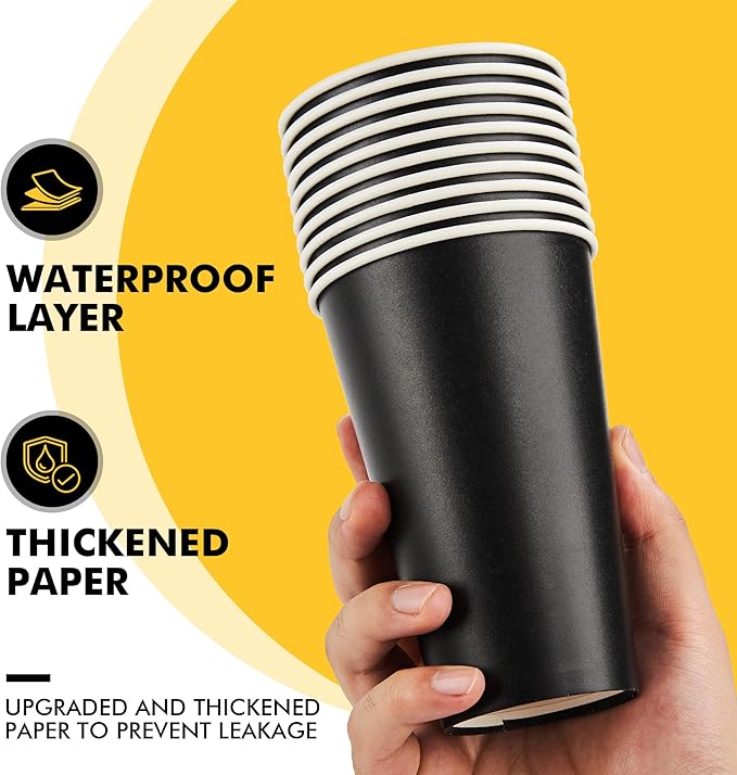 RACETOP 50 Pack 16 oz Coffee Cups with Lids, Black Disposable Coffee Cups with Lids, Sleeves and Stirring Sticks, Hot Paper Coffee Cup 16 oz for Hot Drinks, Parties, Picnic, Travel, and Events