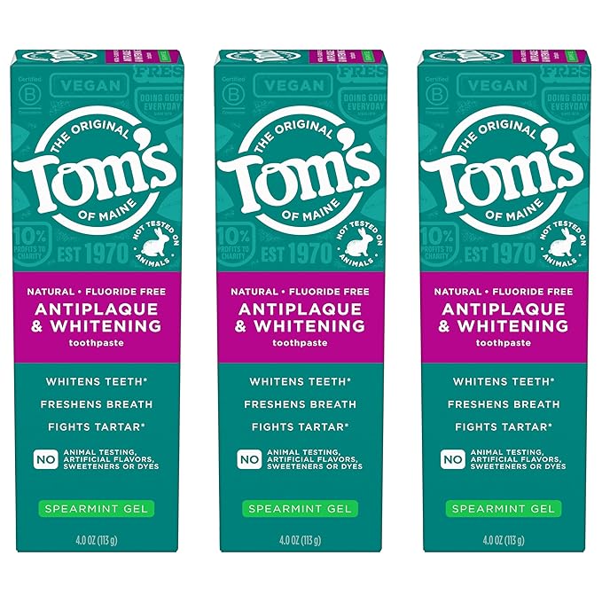 Tom's of Maine Antiplaque and Whitening Fluoride Free Natural Toothpaste Gel, Vegan, Spearmint, 4 Ounces (3 Pack)