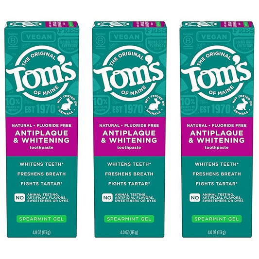 Tom's of Maine Antiplaque and Whitening Fluoride Free Natural Toothpaste Gel, Vegan, Spearmint, 4 Ounces (3 Pack)