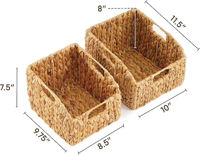 Greenatural Water Hyacinth Storage Baskets Set of 2, Handwoven Rectangular Organizer Trays with Built-in Handles in 2 Sizes, Nested Wicker Bins for Shelf, Bathroom, Kitchen, Office, Natural Decor