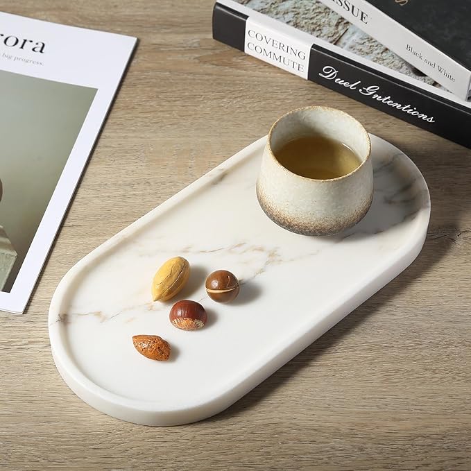 Koville White Marble Tray with Gold Pattern for Bathroom Counter, Stone Trays for Home Decor Marble Vanity Tray, Stone Storage Trays for Perfume, Jewelry, Decorative Tray for Dresser Organizer