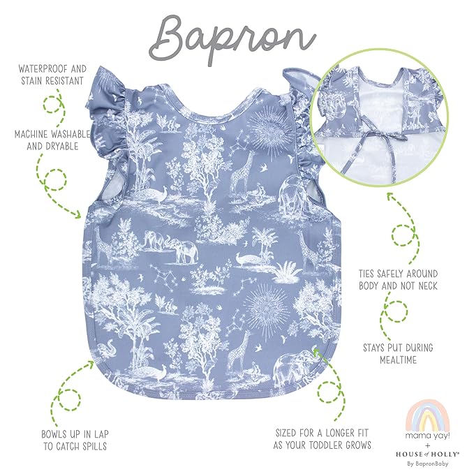 BapronBaby Flutter Savanna Blue Bapron - No Neck Tie Safer Bib for Baby & Toddler - Soft Waterproof Stain Resistant - Machine Washable - Sz Preschool 3-5yrs