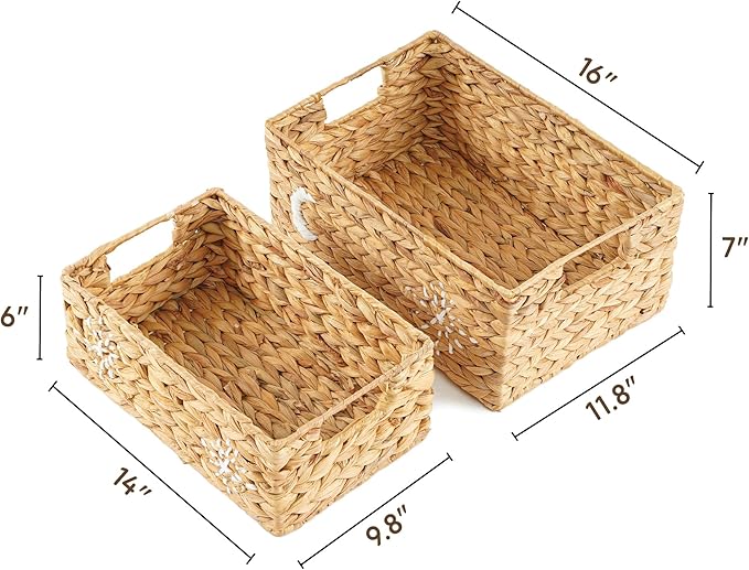 Greenatural Water Hyacinth Storage Baskets Set of 2, Handwoven Rectangular Organizer Trays with Handles, Wicker Bins with Hand Embroidered Patterns for Shelf, Bathroom, Kitchen, Office, Natural Decor