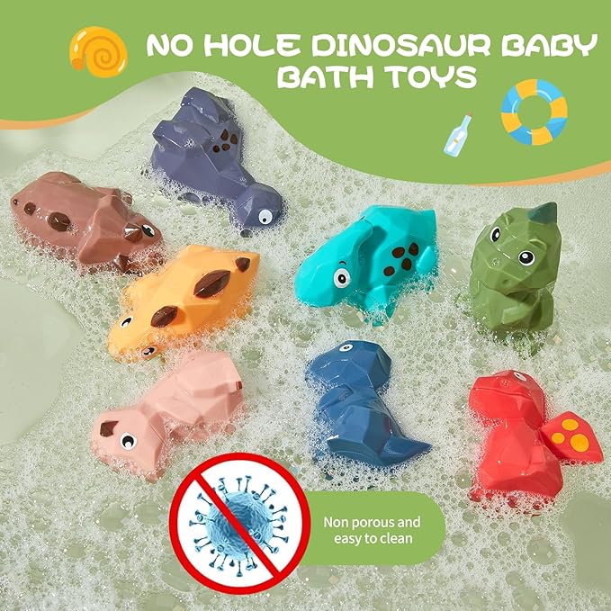 Bath Toys, Dinosaur 9 Pack | Safe and Mold-Free Bath Toys for Babies 6-12M & Kids Ages 1-3 | Sealed, No Hole Bath Toy | Soft, Squeezable & Float on Water | Easy-Grip Baby & Toddler Bath Toy Set
