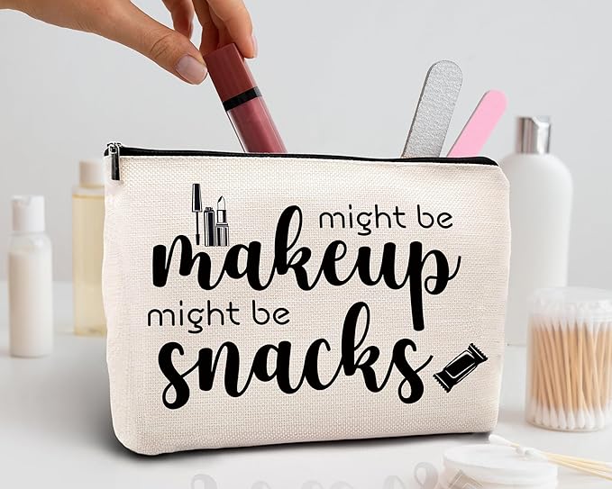 kdqua Novelty Cute Makeup Bag, Funny Quotes Might Be Makeup Might Be Snacks Linen Cosmetic Bag Zipper Pouch Travel Organizer Toiletry Bag, Humor Gift for Woman, Female Friend Birthday Gift Ideas