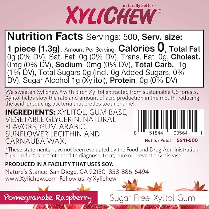 Xylichew 100% Xylitol Chewing Gum - Non GMO, Non Aspartame, Gluten Free, and Sugar Free Gum - Natural Oral Care, Relieves Bad Breath and Dry Mouth - Pomegranate Raspberry, 500 Count