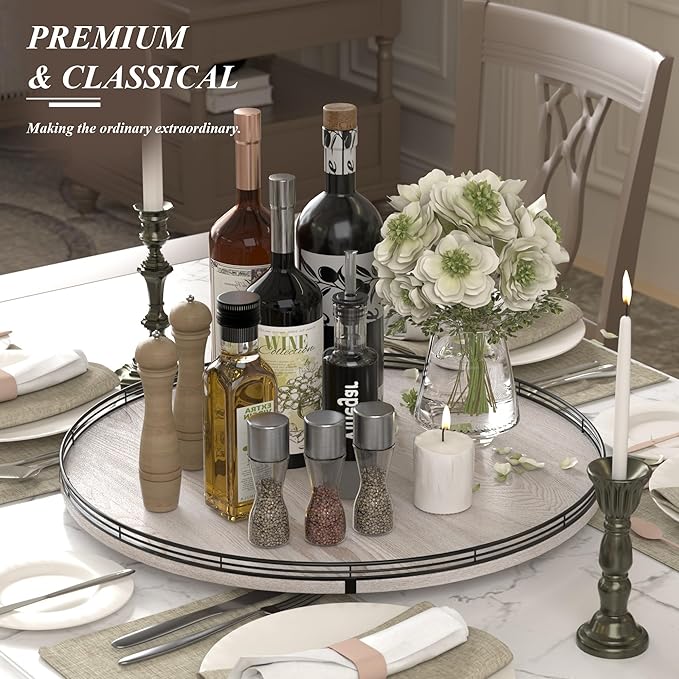 24" Lazy Susan Wood Turntable Organizer for Kitchen Decor, Farmhouse Round Wooden Larger Lazy Susan Organization and Storage for Cabinet, Dining Table, Bathroom, Countertop, Centerpiece,Whitewashed