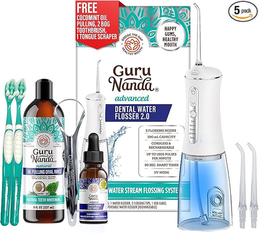 GuruNanda Gums of Steel Kit – Advanced Dental Water Flosser (UV Mode), Concentrated Mouthwash, Cocomint Pulling Oil, Butter on Gums Toothbrush & Tongue Scraper for Overall Oral Hygiene