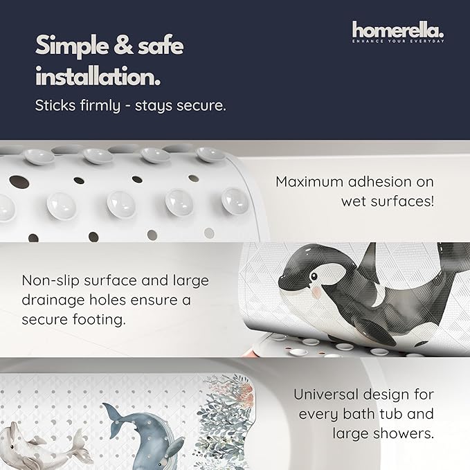 Homerella Baby Bath Tub Mat | Anti Mold Mildew Resistant Non Slip Kids and Adult Bath Tub Shower Mats | 40x16 inch Long with Suction Cups for Secure Grip Hooks for Storage & Drying | Machine Washable