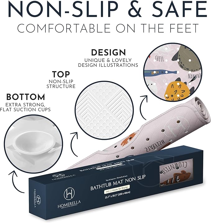 Bath Tub Mat Non Slip Anti Mold for Kids BPA Free INCL Hooks - homerella® Ocean Sea Animals 40x16, Baby Bath Mat Non Slip 200 Suction Cups, Non Toxic Machine Washable Toddler Bath Mat, EU Certified