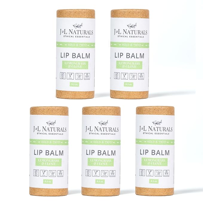 J&L Naturals Sustainable Lip Balm | Organic Ingredients, 100% Natural, Eco-Friendly | Cruelty Free, Vegan, Paraben Free, Silicone Free (Lemongrass & Clove, 5-Piece Bundle)