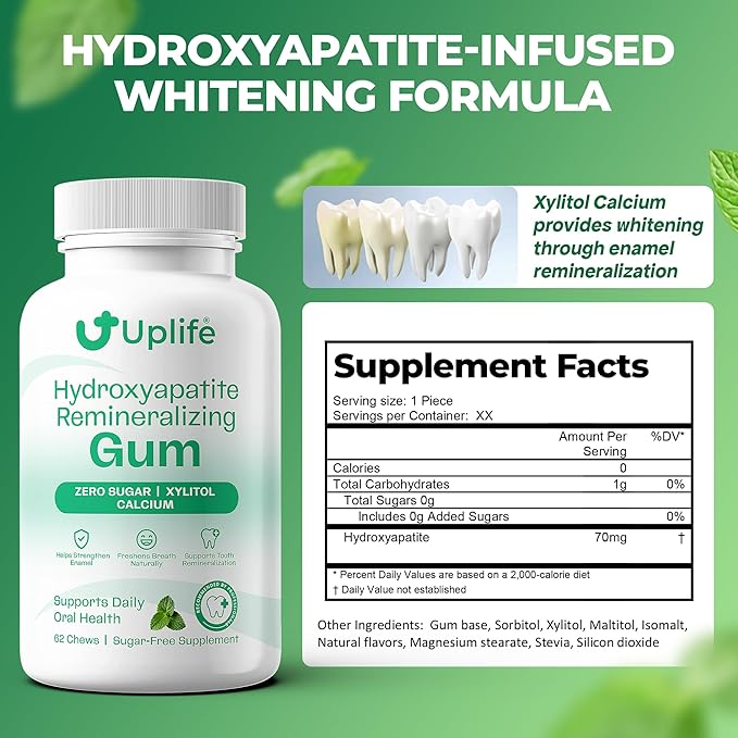 Uplife Hydroxyapatite Remineralizing Gum – Sugar-Free Xylitol Chewing Gum – Supports Daily Oral Health & Fresh Breath – Zero Sugar, Mint Flavor, 62 Pieces