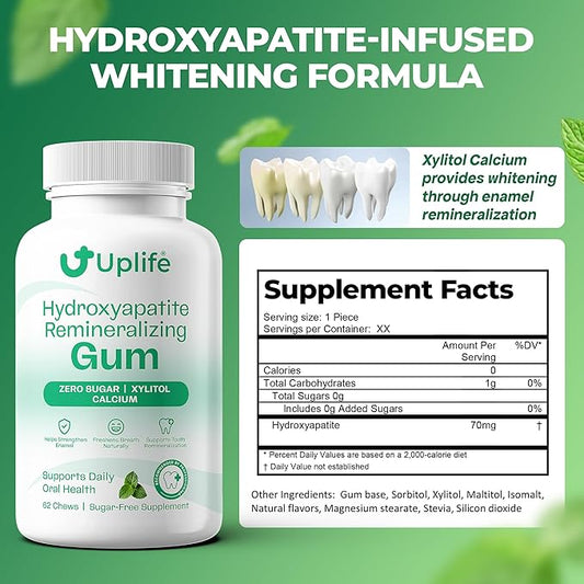 Uplife Hydroxyapatite Remineralizing Gum – Sugar-Free Xylitol Chewing Gum – Supports Daily Oral Health & Fresh Breath – Zero Sugar, Mint Flavor, 62 Pieces