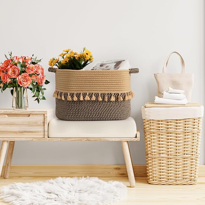 TeoKJ Set of 3 Baskets for Organizing, Decorative Rope Baskets for Storage, Storage for Pets, books, Pillows, Toys & Cloths, Black & Jute