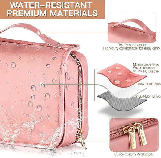 Elviros Hanging Travel Toiletry Bag for Women,3-in-1 Large Makeup Bag and Cosmetic Organizer,Vegan Leather Waterproof Skincare Case for Travel Size Toiletries and Accessories,Gift for Women