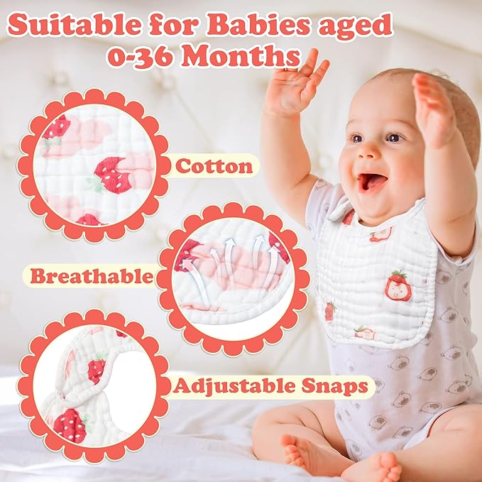 Zainpe 6Pcs Snap Muslin Cotton Baby Bibs Strawberry Lemon Avocado Pattern Infants Feeding Bib Adjustable Machine Washable Unisex Burp Cloths with 6 Absorbent & Soft Layers for Drooling and Teething