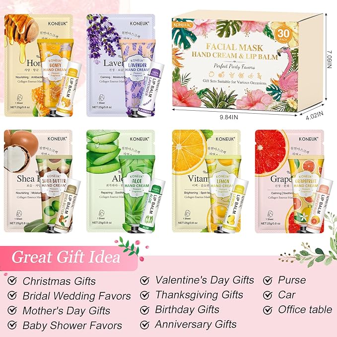 30 Pack Bulk Facial Mask, Bulk Hand Cream and Bulk Lip Balm Sets, Stocking Stuffers for Women, Thank You Gifts, Bridal Shower Favors and Christmas Gifts for Guests, Birthday Gifts, Small Gifts for Her