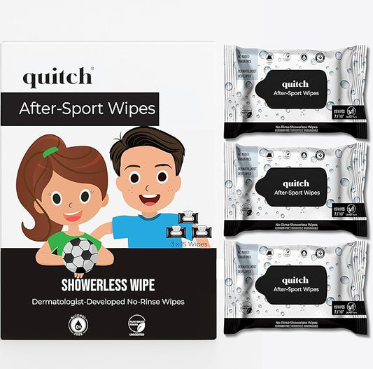 Quitch After-Sport Wipe Unscented Shower-Free Body Wipe for Kids & Baby, No Rinse, Underarm Aluminum-Free Natural Deodorant, Non-Toxic Sensitive Skin Towelettes, Travel-Friendly Camping Essential