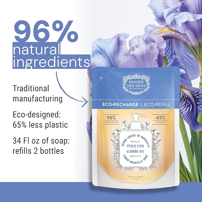 Panier des Sens - Liquid Hand Soap Refills – Blooming Iris Foaming Hand Soap Refill – French Coconut Oil Moisturizing Hand Wash - Kitchen & Bathroom Hand Wash- Soft Soap Refill 96% Natural - 34 Floz