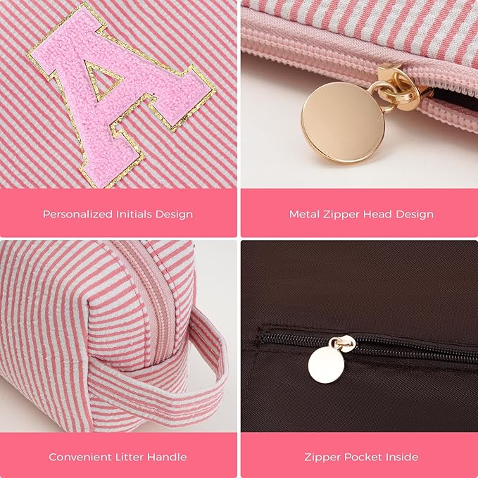 Makeup Bag Set Initials Cosmetic Bag,Gifts for 10 11 12 13 14 15 16 17 18 Years Old Girl Girlfriend Teen Girls Gift Trendy Stuff Personalized Toiletry Bag Travel - Peach,A
