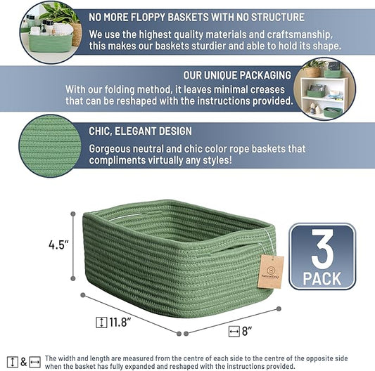 NaturalCozy 11.8"x8"x4.5” Rectangle Storage Baskets for Shelves 3 Pack | Cotton Rope Woven Small Baskets for Organizing | Small Storage Bins for Nursery, Bathroom, Closet, Shelf, Decorative, Gift