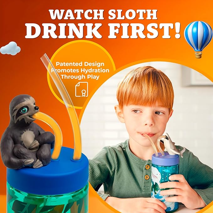 Kids Water Bottle, Toddler Cups, Tumbler with Lid and Straw, Travel Sippy Cup for Water or Milk, Kids Cups with Lids for Toddlers 3 and Up, BPA Free Plastic, 12 oz (Trend Zoo Sloth)