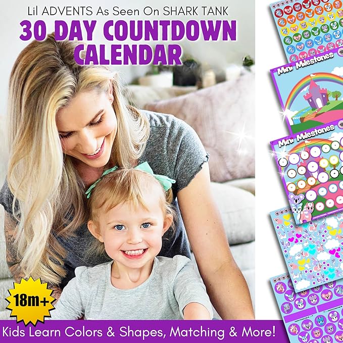 2PK Unicorn Friends Sticker Advent Calendar for Kids 18m+ Countdown to Christmas for Toddlers, 30 Days to Birthday, Vacation, Party, School with Activity Board & Crown by LIL ADVENTS Mini Milestones
