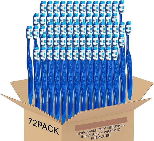 Pre Pasted Disposable Toothbrushes Individually Wrapped | Regular Size Head, Soft Bristle Hygienic & Economical | Great for Travel Camping Guestroom Car Office School Hotel Airbnb Gifts (72 Pack)