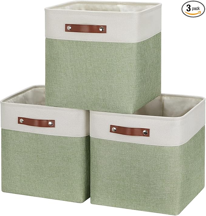 HNZIGE Foldable Storage Cubes & Baskets (3 Pack) - 13 Inch Storage Bin with Leather Handles for Toys, Clothes, Kids (White & Green)