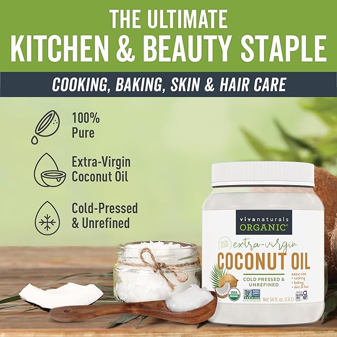Viva Naturals Organic Coconut Oil, 54 fl oz – Unrefined, Cold-Pressed Extra Virgin Coconut Oil, USDA Organic & Non-GMO, Natural Cooking Oil, Hair Oil & Skin Oil
