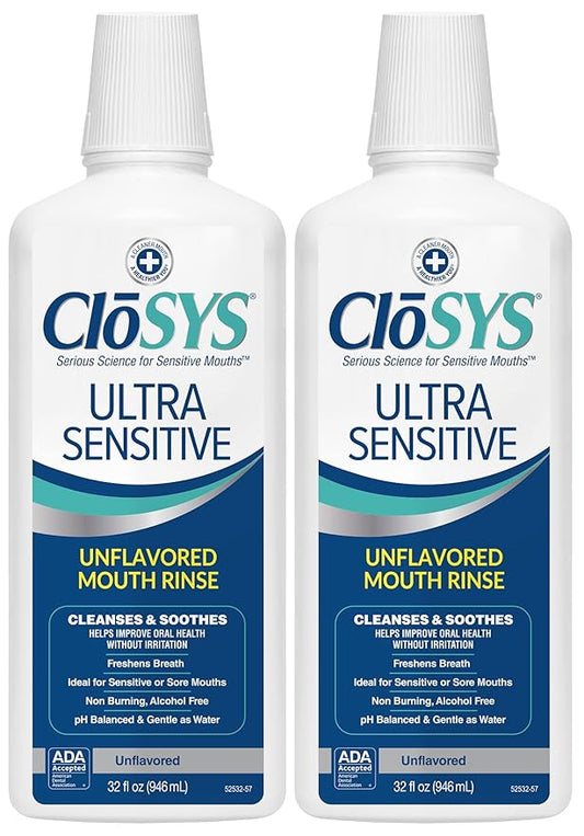 CloSYS Ultra Sensitive Mouthwash, Unflavored Alcohol Free, Dye Free, pH Balanced, Helps Soothe Entire Mouth – 32 Oz (Pack of 2)