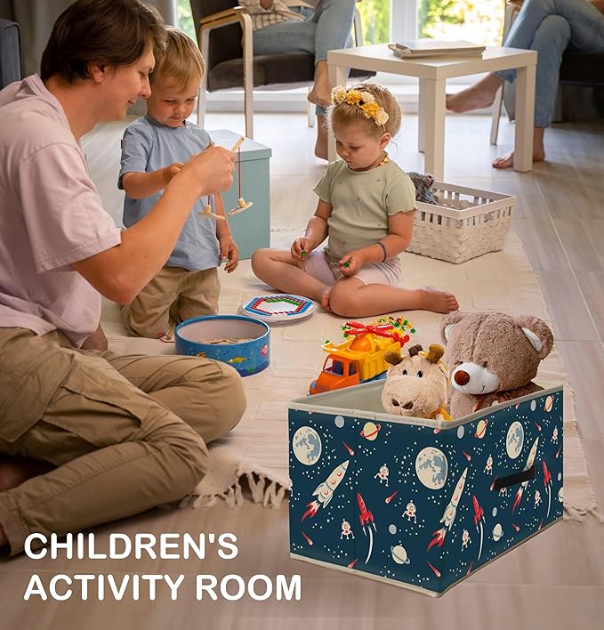 Nogrit Space Airship Rocket Storage Bins Box, Toybox for Boys, Outer Space Cosmic Foldable Baskets Organizer Container with Handles for Kids Boys Bedroom Bathroom Clothes Toys Books