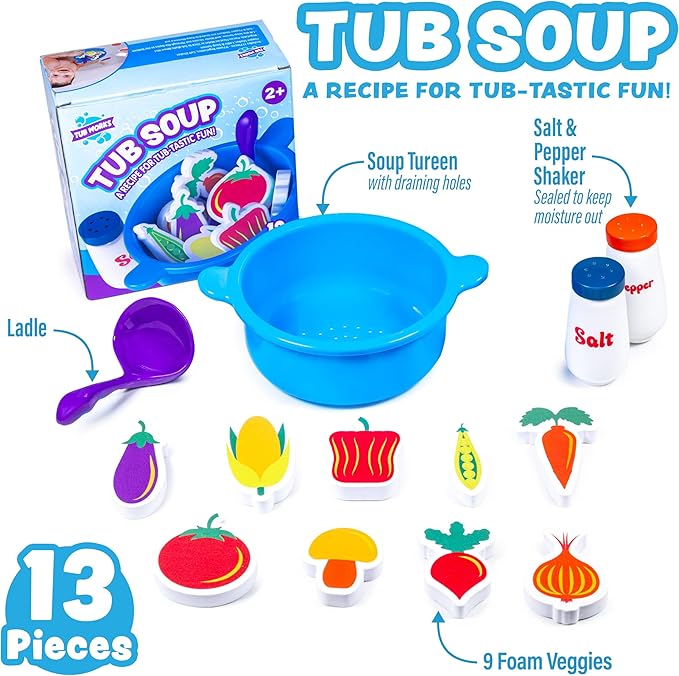Tub Works® Tub Soup™ Scoop, Strain & Play Toddler Bath Toy | Floating Foam Veggies, Ladle for Scooping & Soup Pot for Straining | Pretend Play Cooking Kids Bath Toys | Creative Bathtub Toys