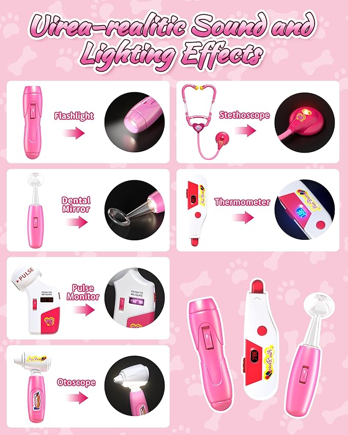 2 Plush Pets Cat & Dog, 36-Piece Vet Doctor Kit for Kids - Toddler Veterinarian Playset with Costume, Doctor and Dental Tools - Educational Pretend Play Toy Gift for Boys & Girls