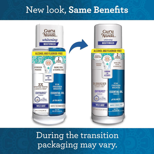 GuruNanda Teeth Whitening Dual Barrel Oxyburst Mouthwash - Alcohol & Fluoride Free, Hydrogen Peroxide to Promote Whiter Teeth - Wild Mint - 20 Fl Oz