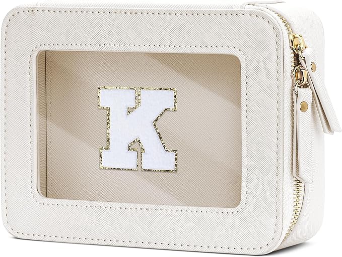 Initial Travel Toiletry Bag - Cosmetic Bags for Girls with Zipper, Clear & Potable Makeup Bag for Travel, Cosmetic Pouch Perfect Gifts for Graduation (Beige, K)