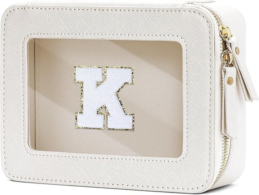 Initial Travel Toiletry Bag - Cosmetic Bags for Girls with Zipper, Clear & Potable Makeup Bag for Travel, Cosmetic Pouch Perfect Gifts for Graduation (Beige, K)