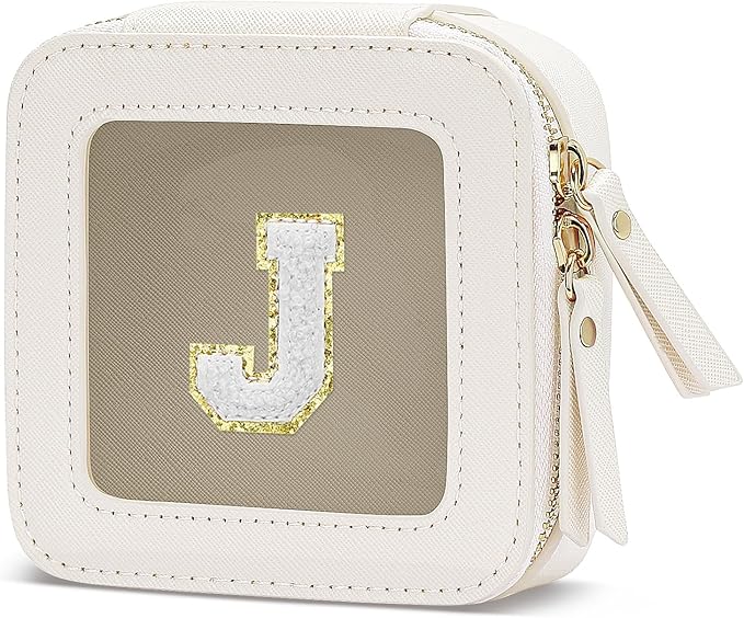 Initial Travel Toiletry Bag - Cosmetic Bags for Girls with Zipper, Clear & Potable Girls Makeup Bag for Travel, Small Cosmetic Pouch Perfect Gifts for Graduation (Beige, J)