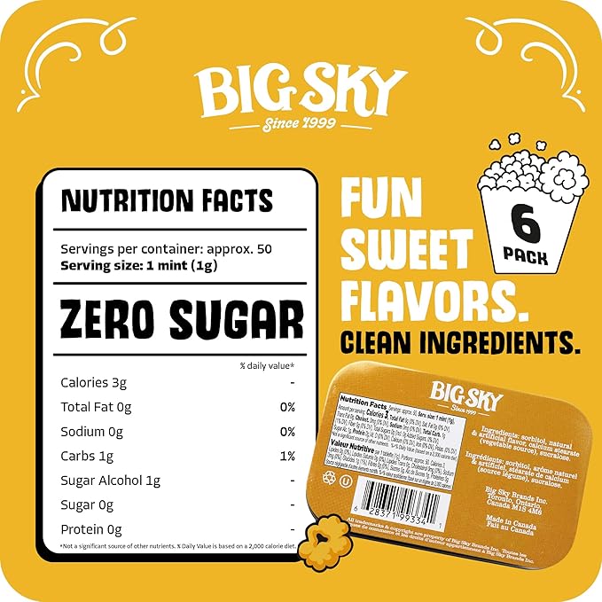 Big Sky Sugar Free Mints Kettlecorn| Sugarfree, No Artificial Colors or Flavors | Kosher Certified, Vegan, Gluten Free | Aspartame & Xylitol Free | 50 Count Tin (Pack of 6)