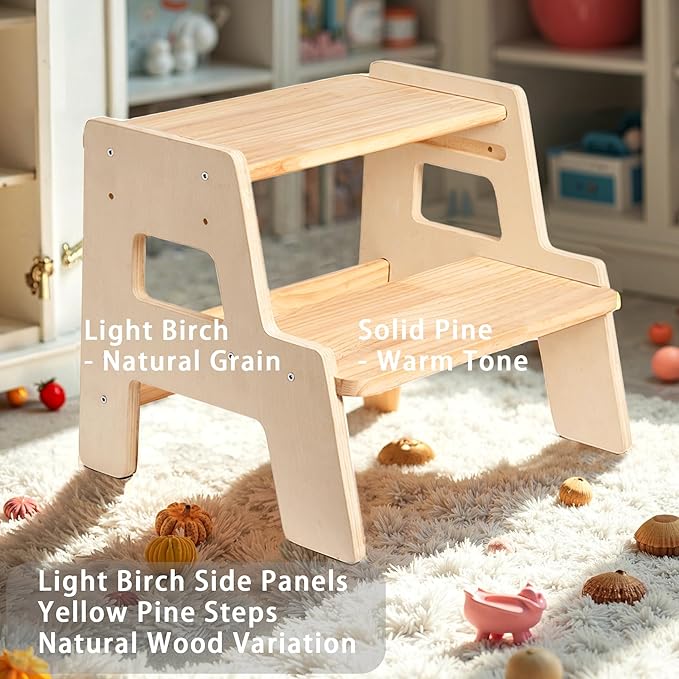 Toddler Step Stool for Kids - Height Adjustable Non-Slip Wooden Step Stool for Bathroom Sink, Kitchen & Potty Training 2-Step - Natural